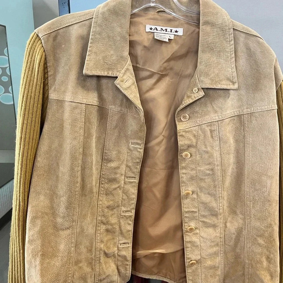 Vintage A.M.I. Women’s lined Tan Leather Suede Jacket Knit Sleeves size large - Picture 3 of 7
